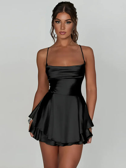 AMARA SATIN LACE UP MINI DRESS - BLACK