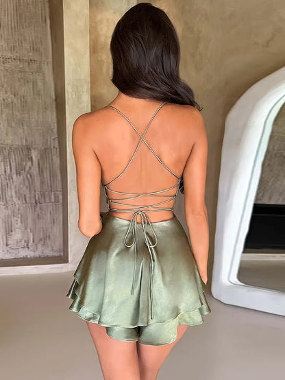 AMARA SATIN LACE UP MINI DRESS - SAGE
