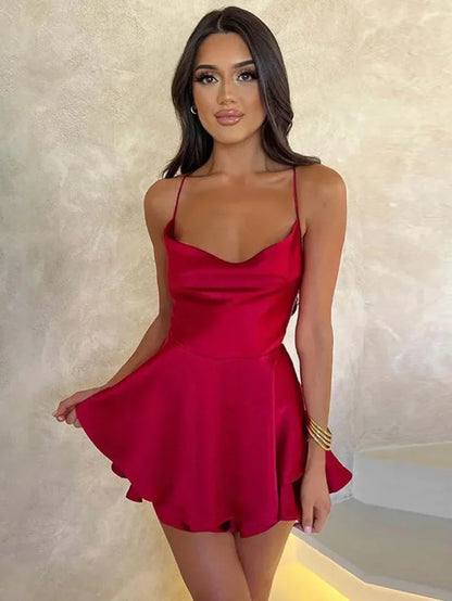AMARA SATIN LACE UP MINI DRESS - RED