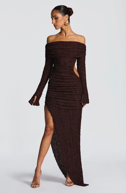 ADELPHIA MIDI DRESS - PLUM BROWN