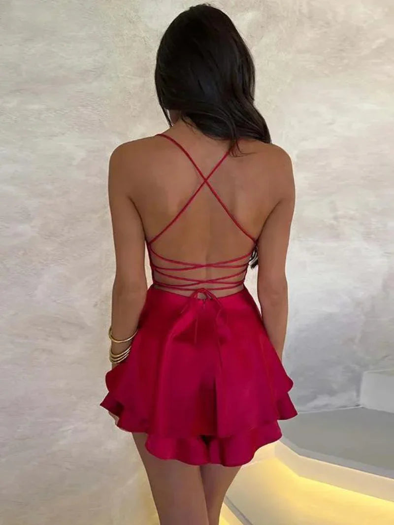 AMARA SATIN LACE UP MINI DRESS - RED