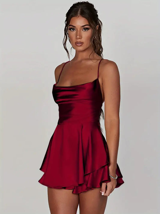 AMARA SATIN LACE UP MINI DRESS - RED