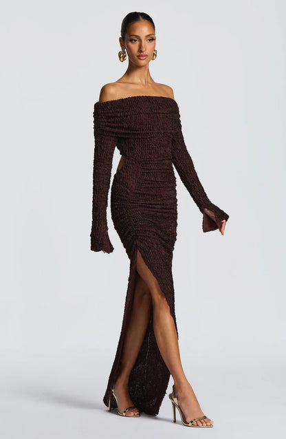 ADELPHIA MIDI DRESS - PLUM BROWN