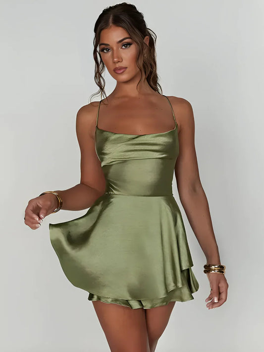 AMARA SATIN LACE UP MINI DRESS - SAGE