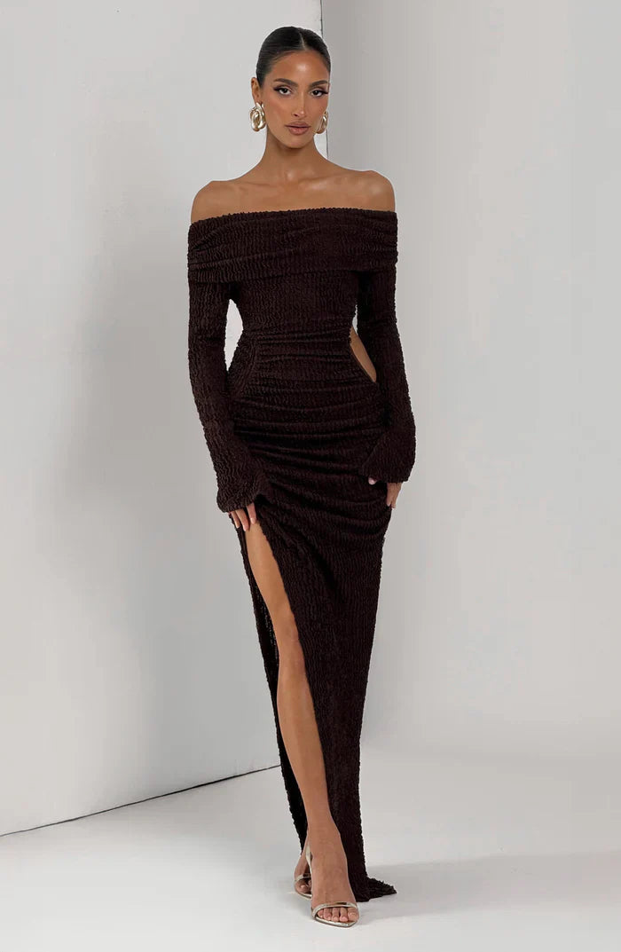 ADELPHIA MIDI DRESS - PLUM BROWN
