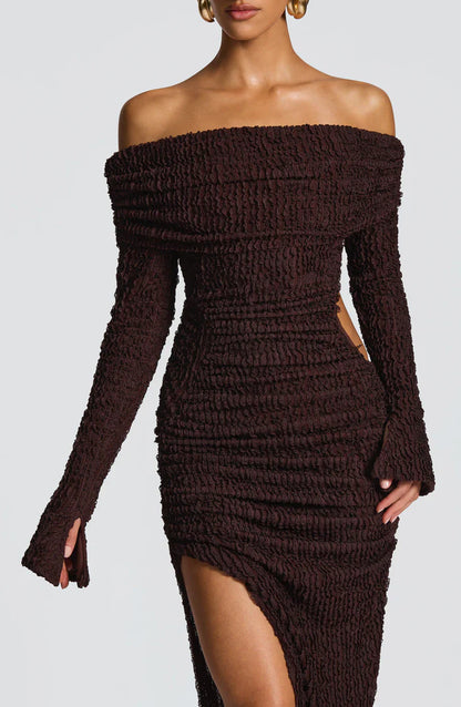 ADELPHIA MIDI DRESS - PLUM BROWN
