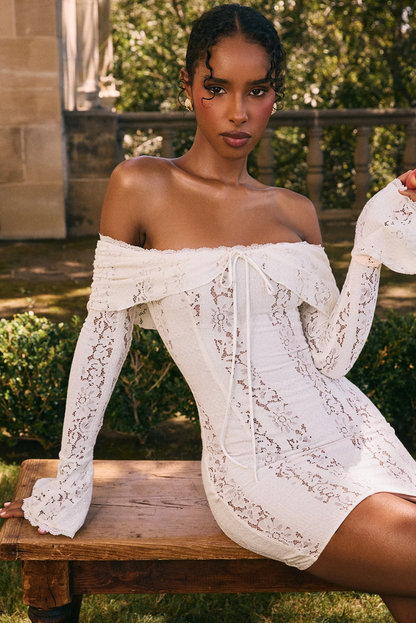 OLA LACE OFF SHOULDER MINI DRESS - WHITE
