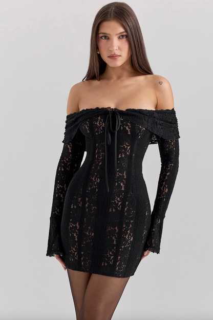 OLA LACE OFF SHOULDER MINI DRESS - BLACK