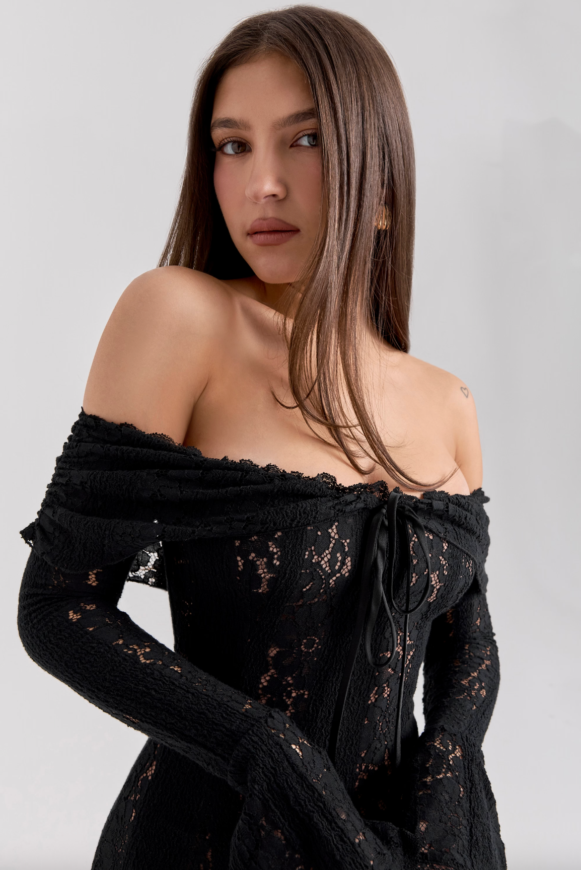OLA LACE OFF SHOULDER MINI DRESS - BLACK