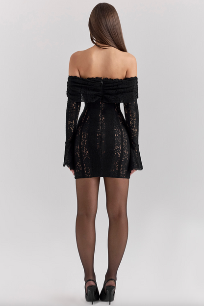 OLA LACE OFF SHOULDER MINI DRESS - BLACK