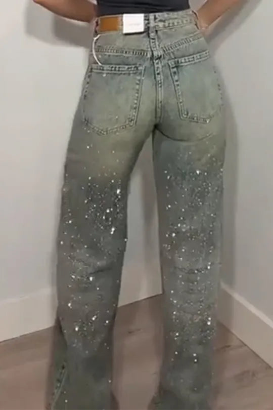 Fashionable women's jeans with rhinestones