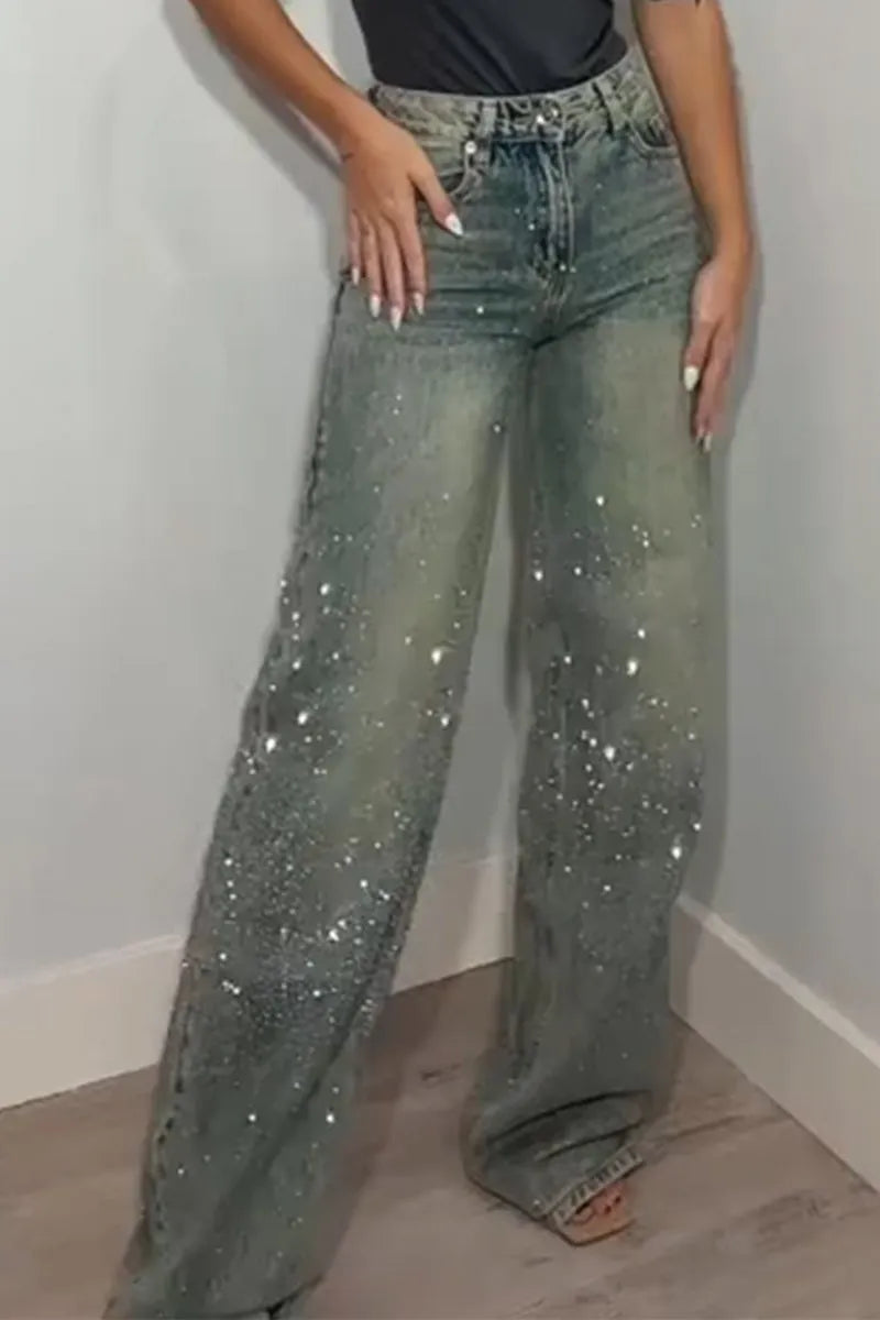Fashionable women's jeans with rhinestones