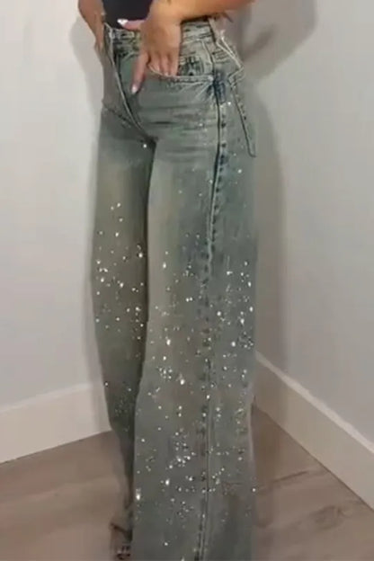 Fashionable women's jeans with rhinestones